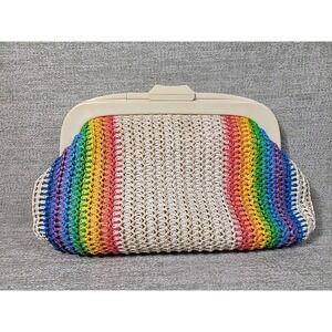 MCI Rainbow Woven Clutch Purse Cream Frame Kiss Lock Closure Small Evening Bag